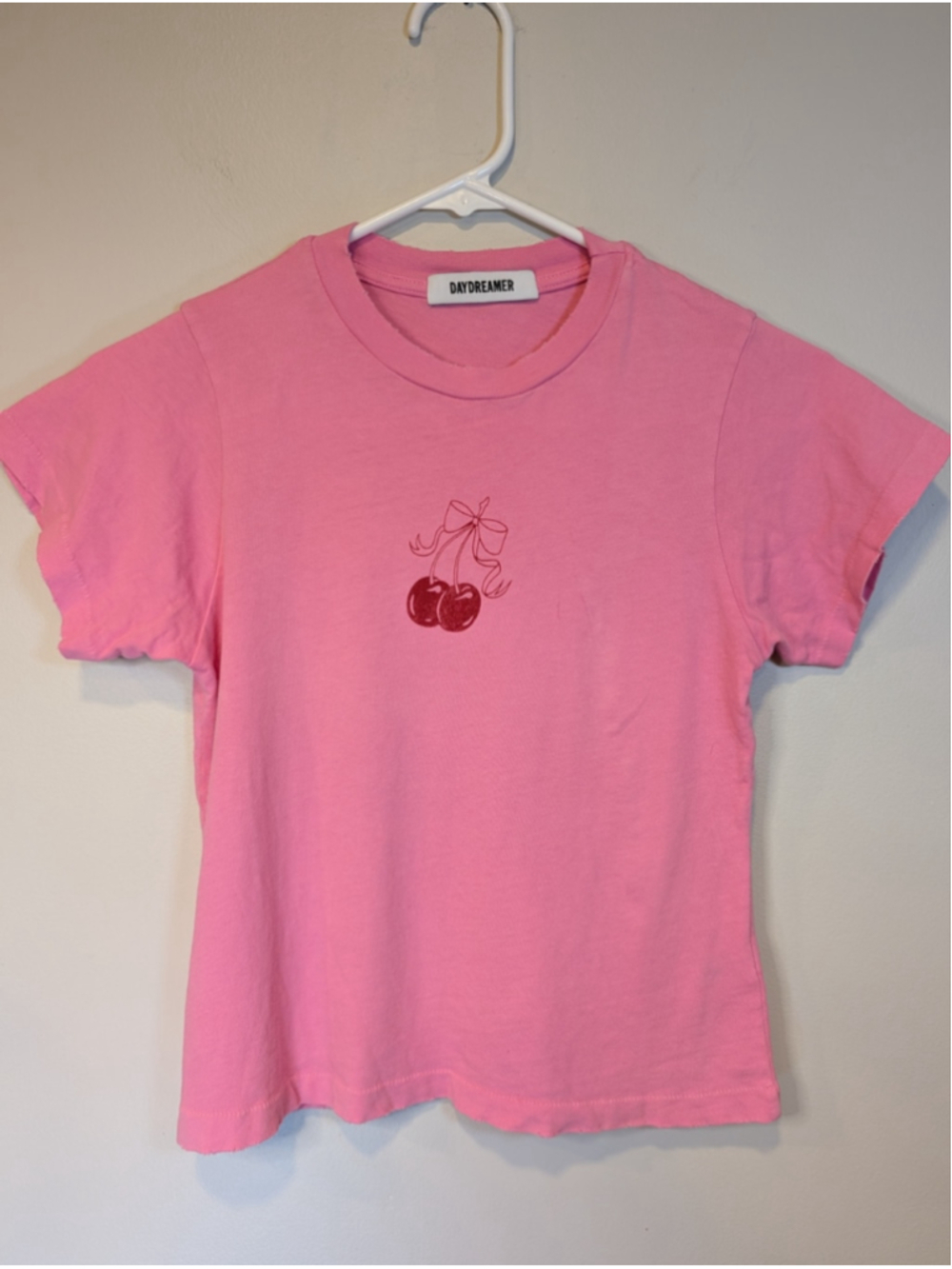 Daydreamer Cherry Bow Graphic Baby Tee Pink Distressed Made in USA XS